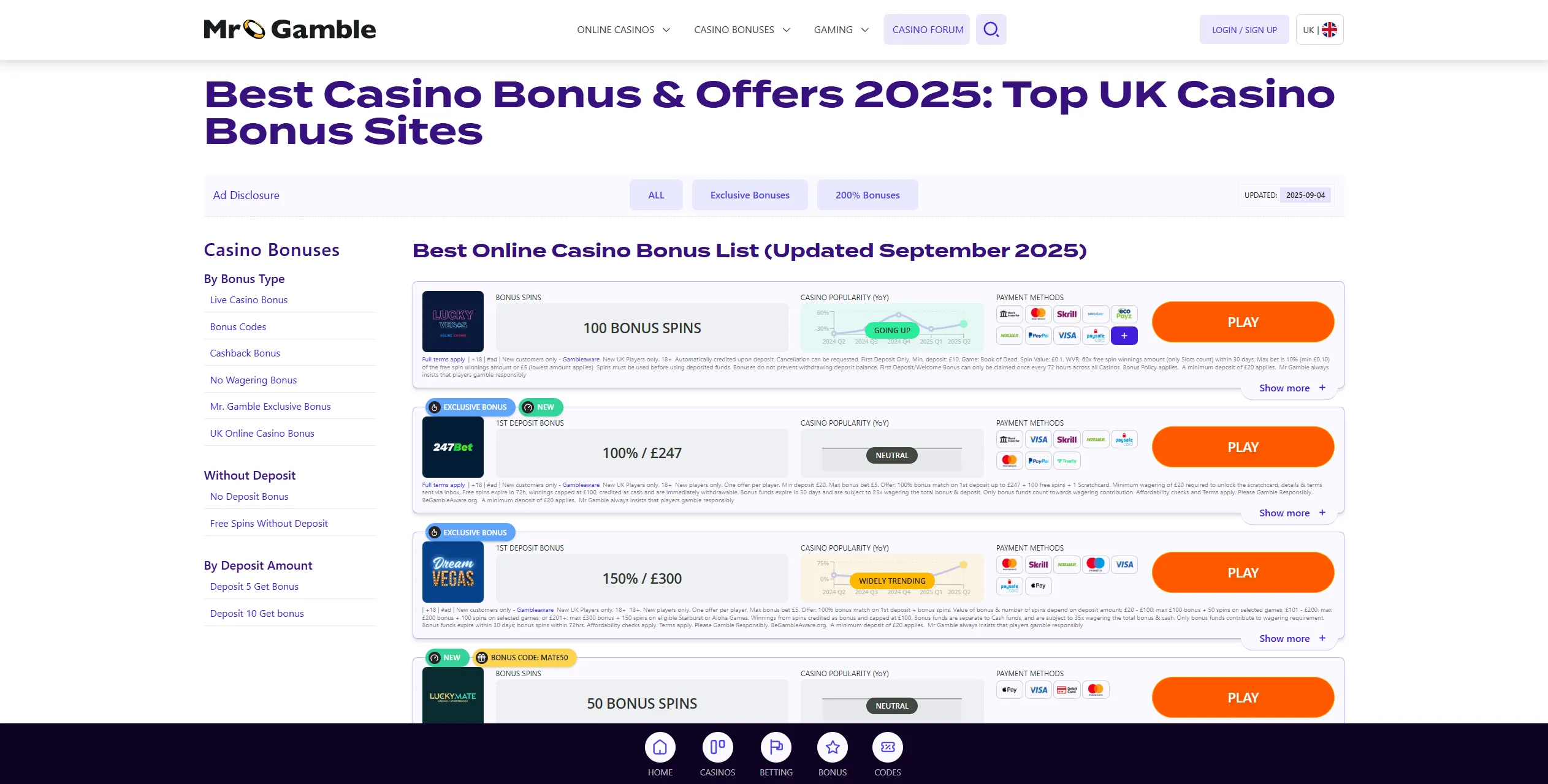 Screenshot of Mr-gamble.com - Best Casino Bonus & Offers: Top UK Casino Bonus Sites